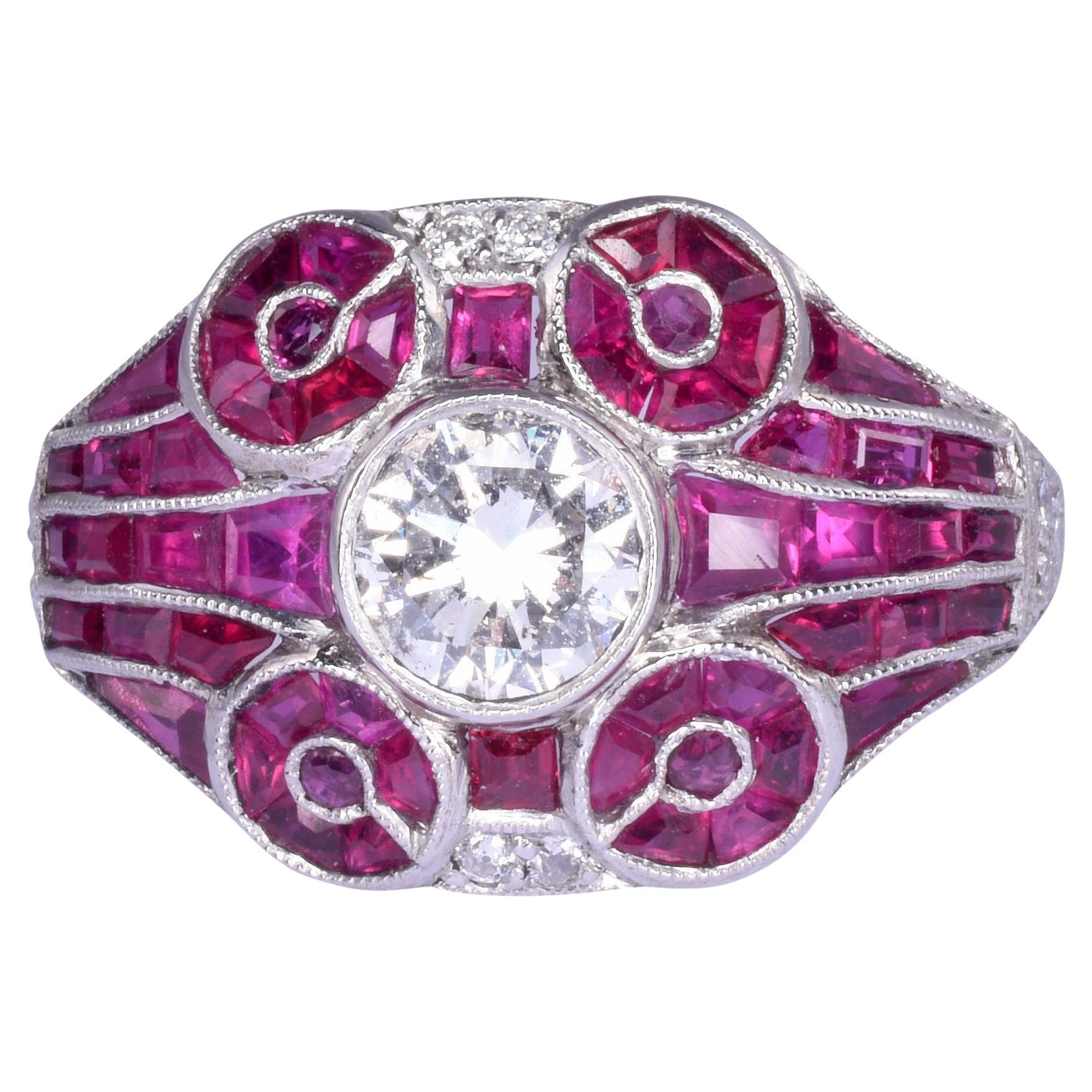 French Platinum Diamond Ruby Ring For Sale