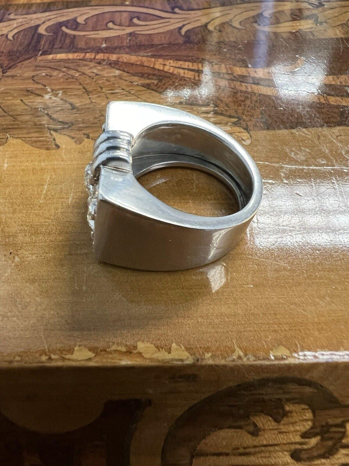 Retro FRENCH Platinum & Diamond Three Stone Tank Ring Circa 1940s For Sale