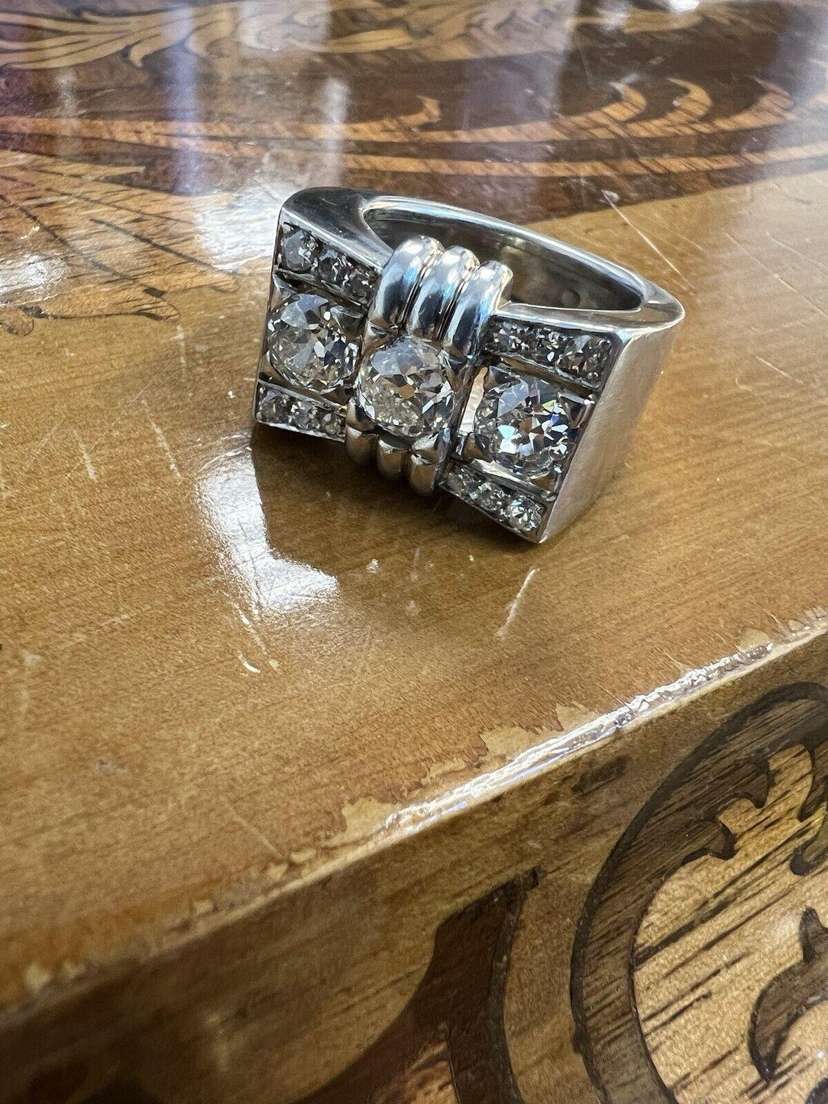 Cushion Cut FRENCH Platinum & Diamond Three Stone Tank Ring Circa 1940s For Sale