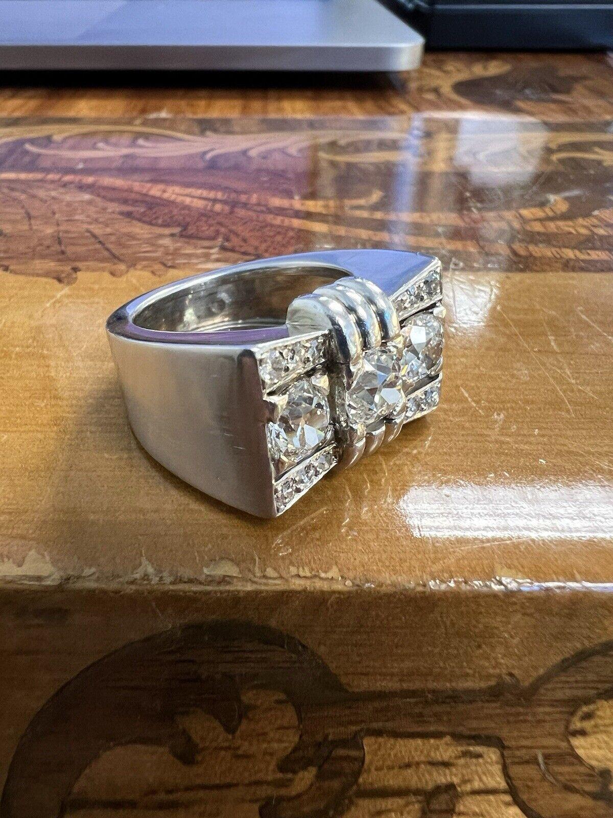 Women's or Men's FRENCH Platinum & Diamond Three Stone Tank Ring Circa 1940s For Sale