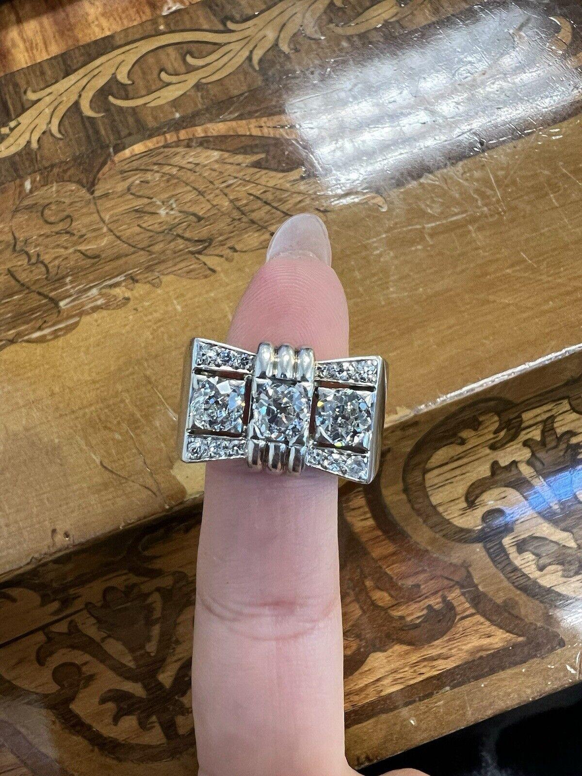 FRENCH Platinum & Diamond Three Stone Tank Ring Circa 1940s For Sale 2