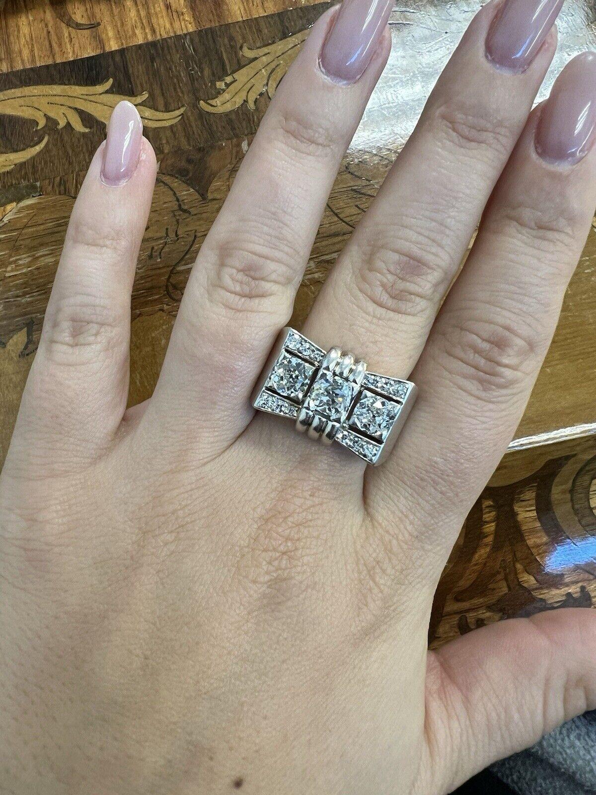 FRENCH Platinum & Diamond Three Stone Tank Ring Circa 1940s For Sale 3