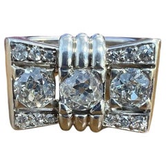 FRENCH Platinum & Diamond Three Stone Tank Ring Circa 1940s