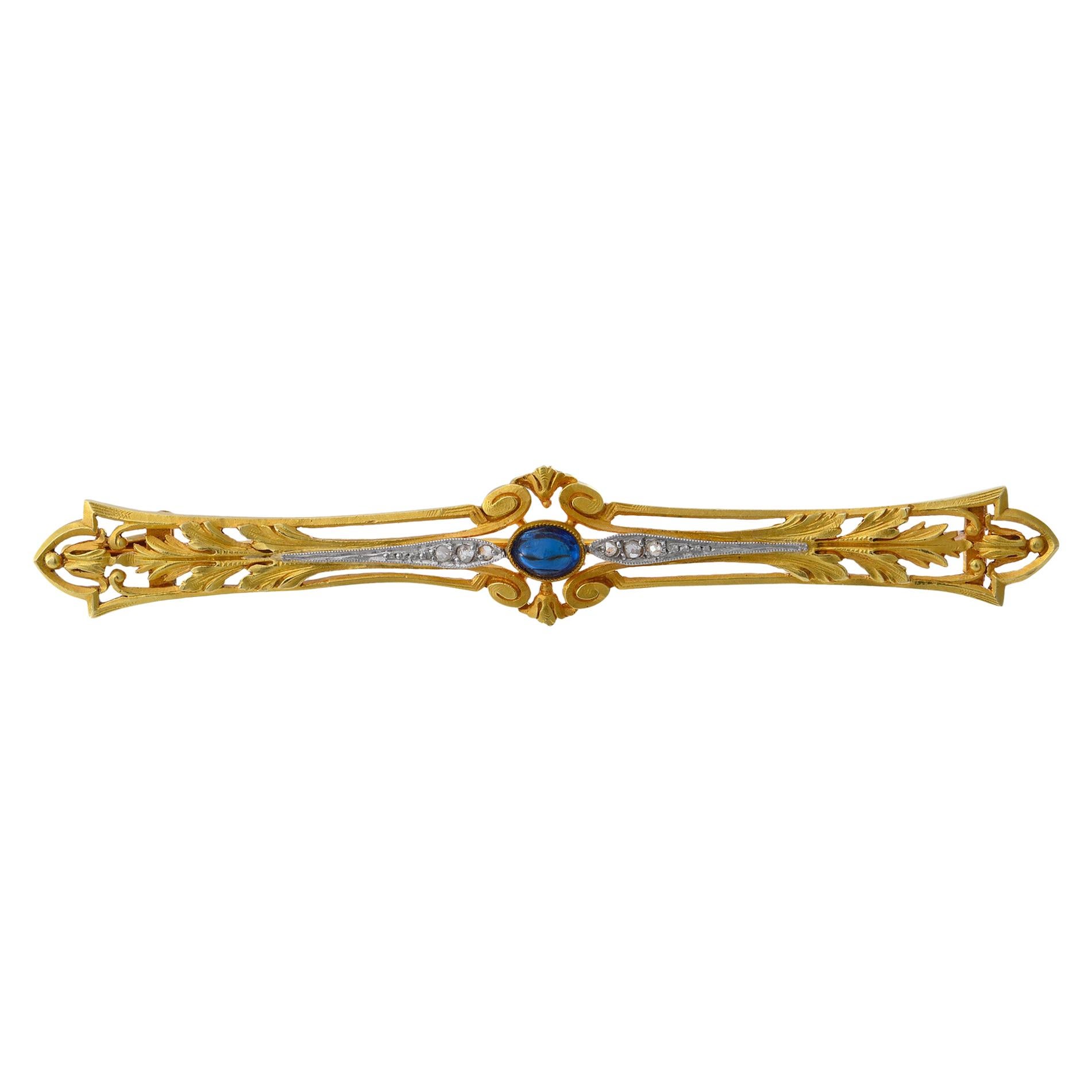 French Platinum, Gold, Cabochon Sapphire and Diamond Brooch