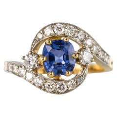 Französisch Platin Gold Kissenschliff Saphir Diamanten Swirl Ring