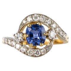 French Platinum Gold Cushion Cut Sapphire Diamonds Swirl Ring