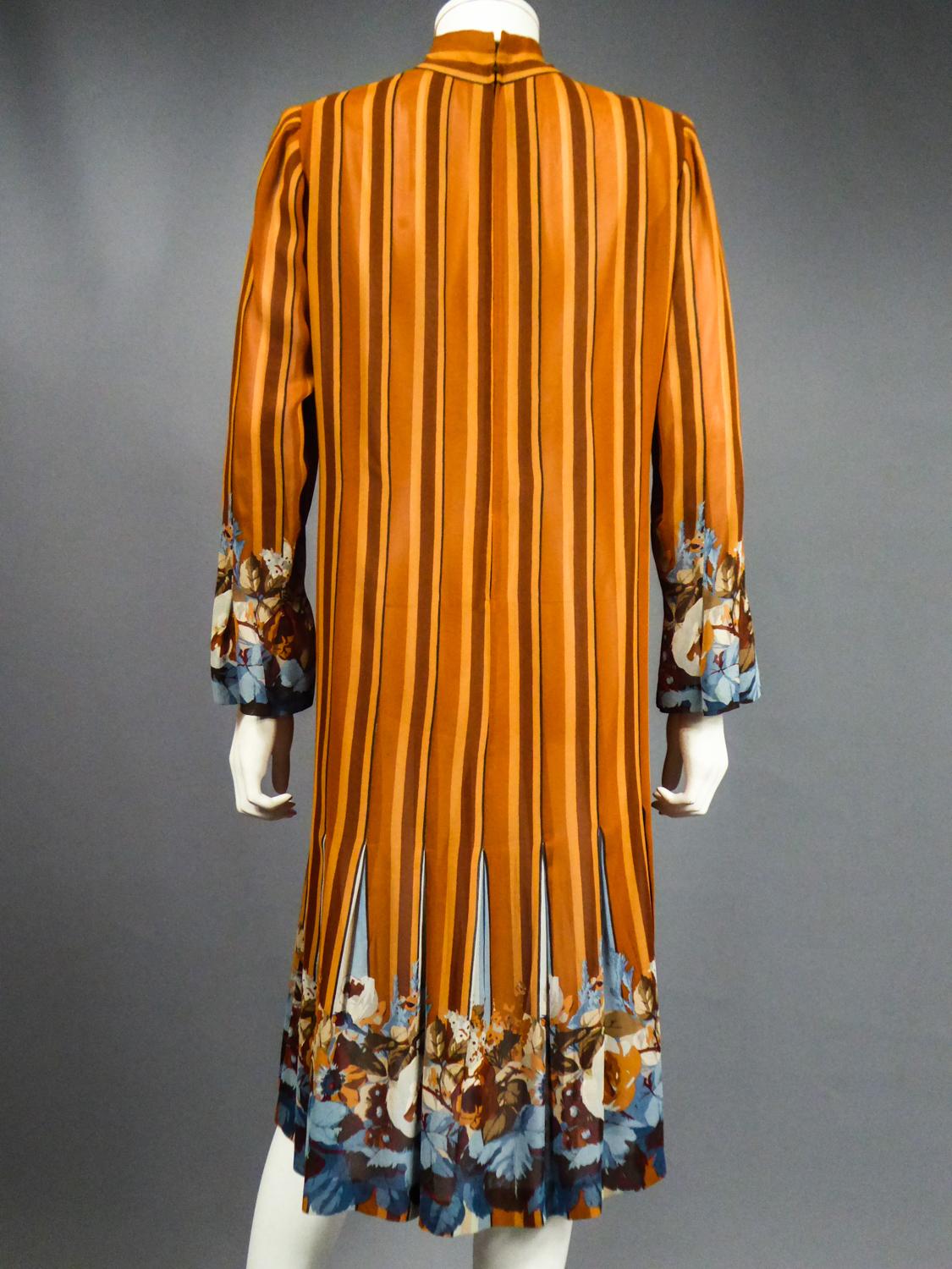 A French Pleated Printed Silk Crepe Dress Circa 1970 For Sale 8