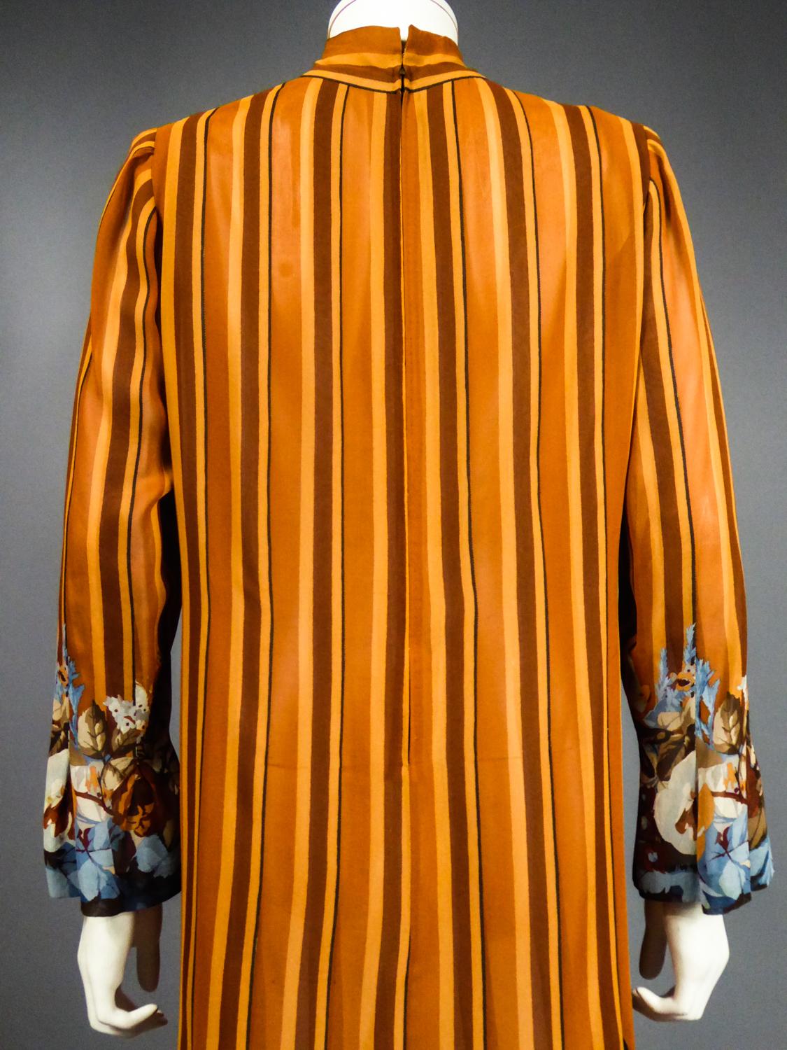 A French Pleated Printed Silk Crepe Dress Circa 1970 For Sale 9