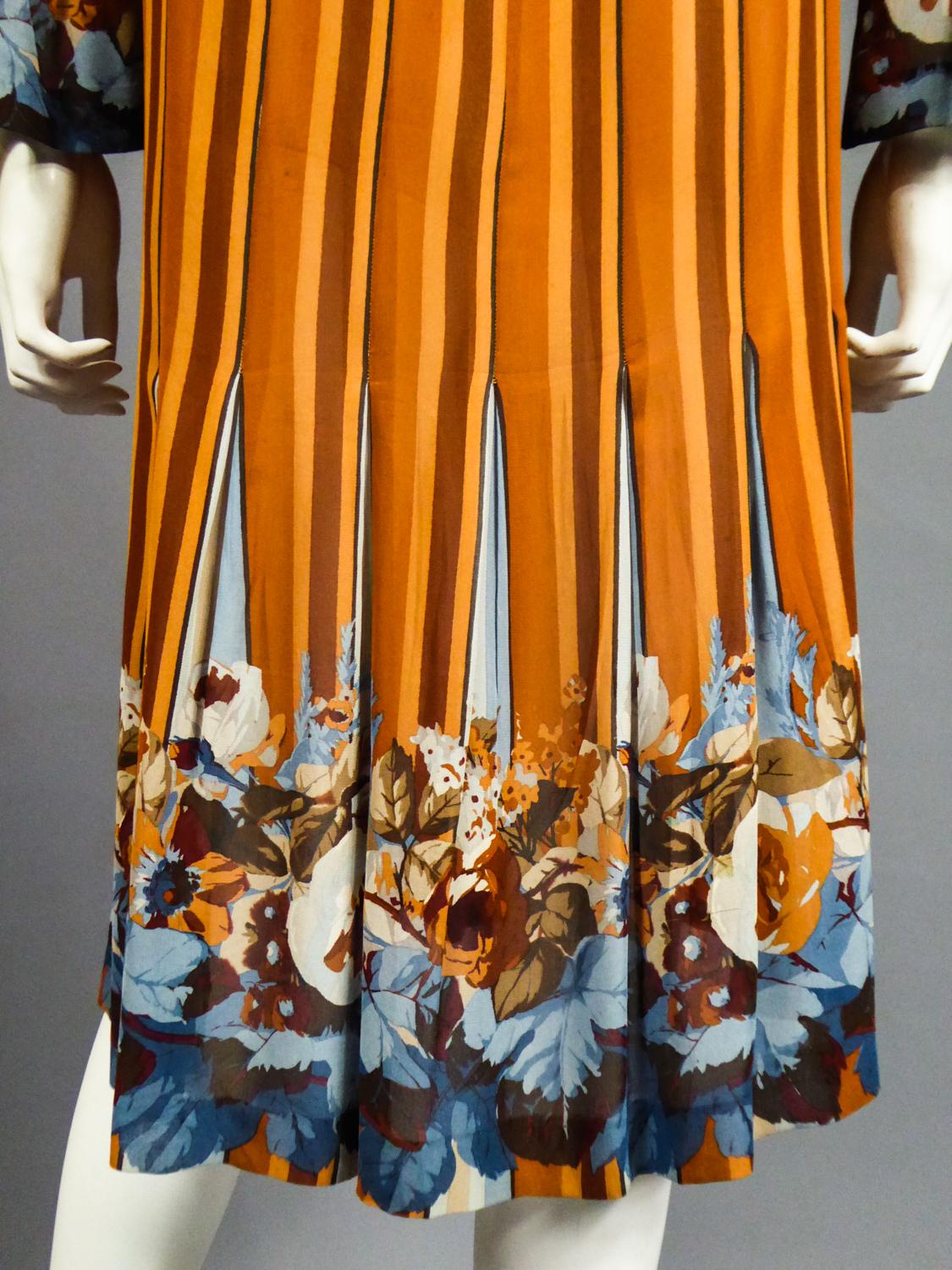 A French Pleated Printed Silk Crepe Dress Circa 1970 For Sale 10