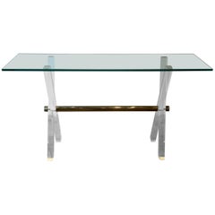 French Plexiglass and Brass Console with Glasstop, circa 1970s