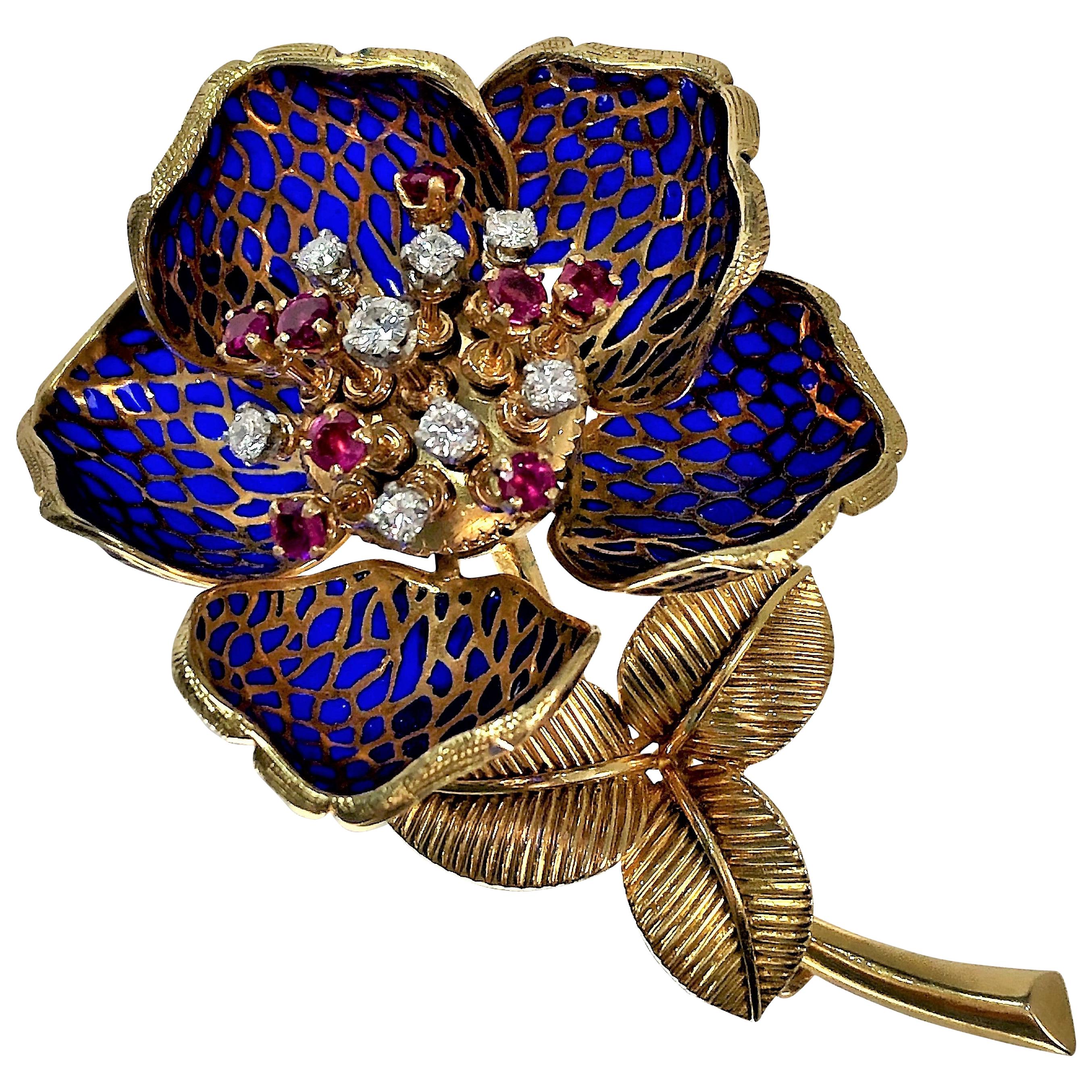 French Plique a Jour en Tremblant Flower Brooch with Diamond and Ruby Center
