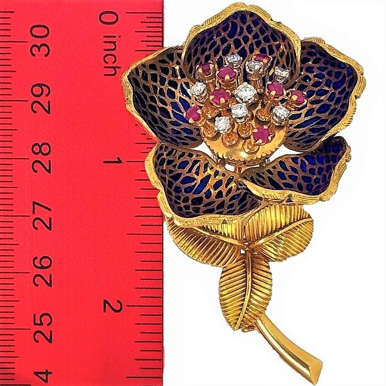 French Plique a Jour en Tremblant Flower Brooch with Diamond and Ruby Center 4