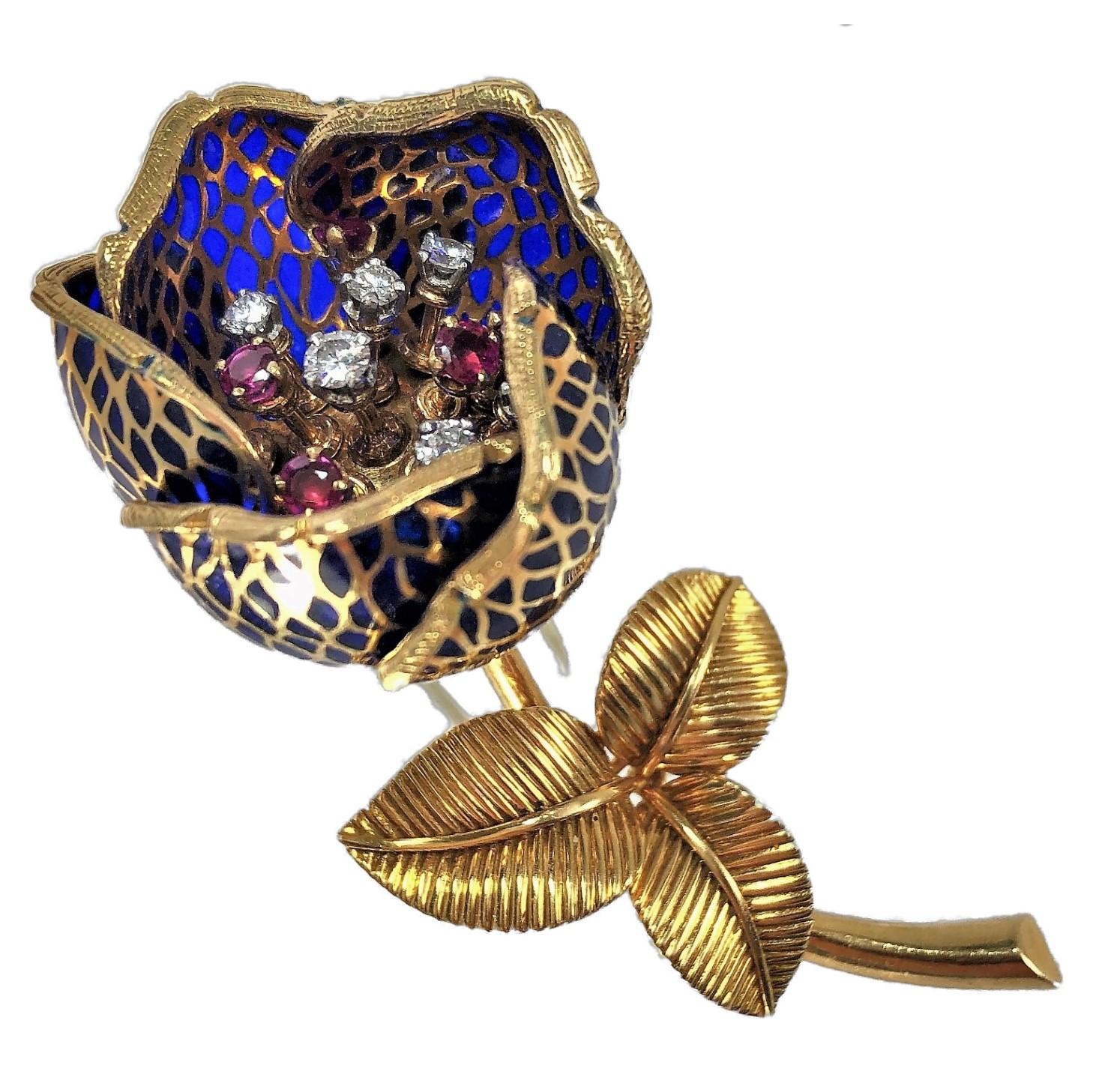 An outstanding French, rich, cobalt blue color plique a jour moveable flower brooch made in 18k yellow gold with diamond and ruby stamen en tremblant.  Each graceful petal is able to be moved from a wide open position (simulating how flower petals