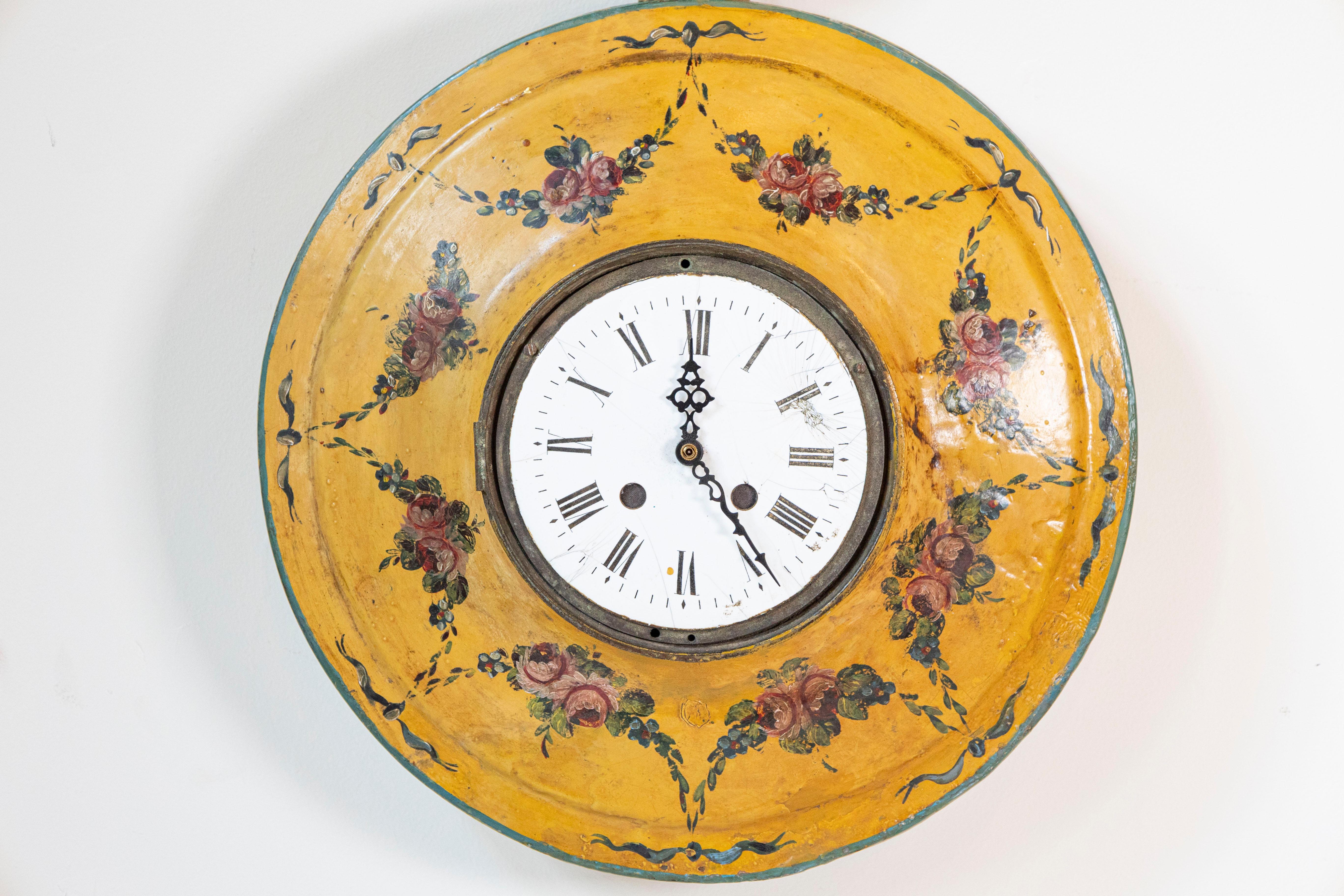 Hand-Painted French Pocket-Watch Shaped Wall Hanging Tôle Clock with Floral Décor, circa 1800