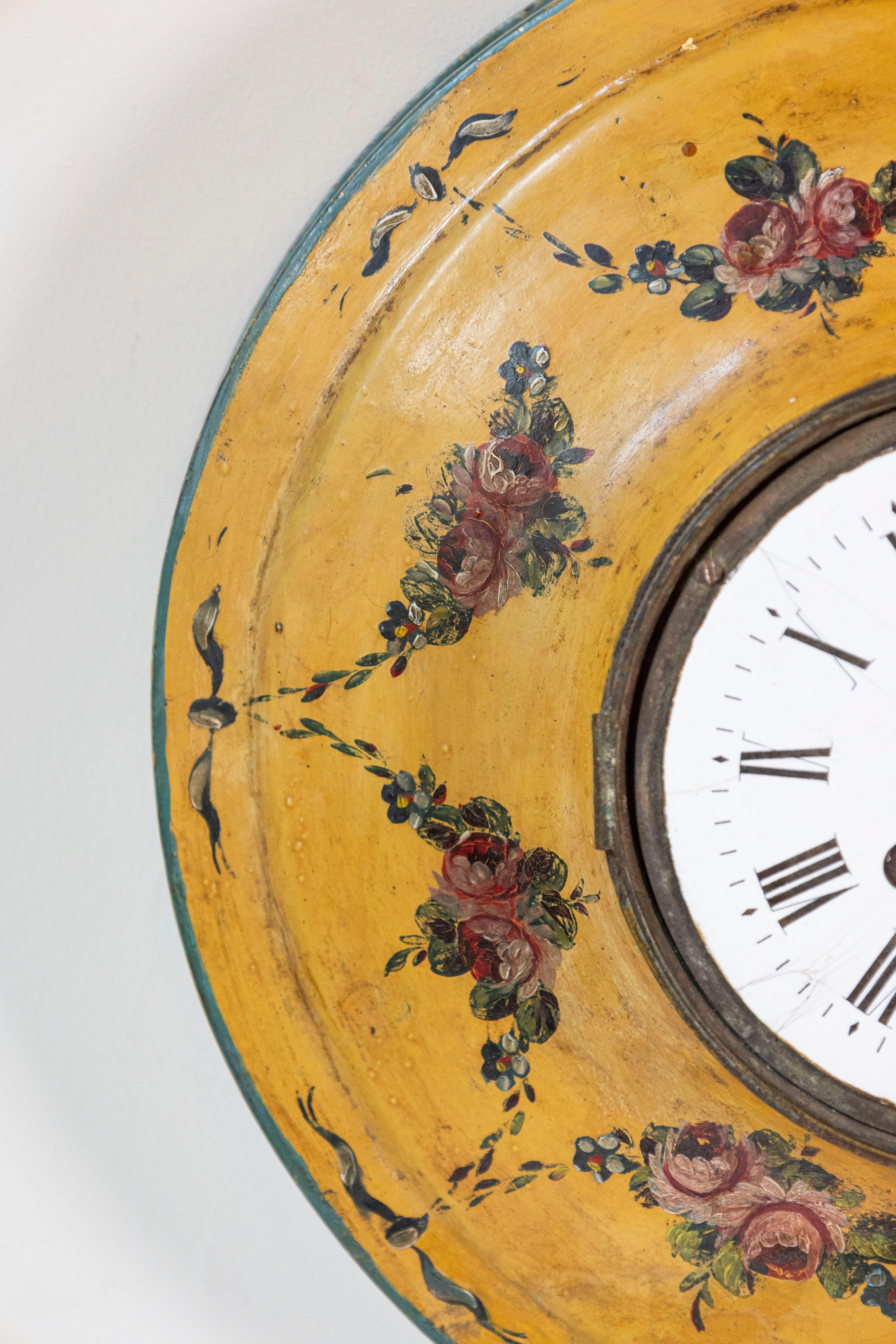 19th Century French Pocket-Watch Shaped Wall Hanging Tôle Clock with Floral Décor, circa 1800