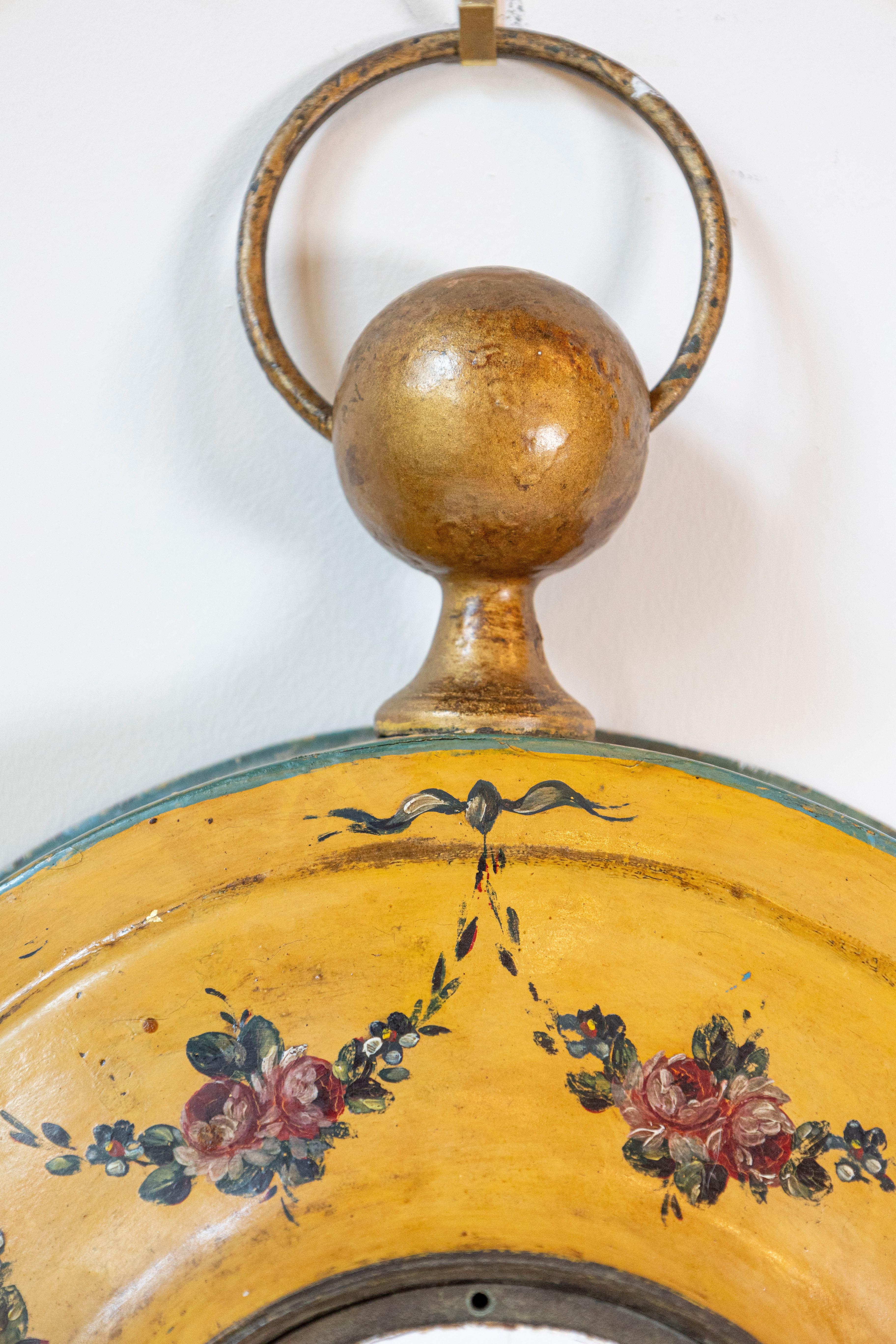 French Pocket-Watch Shaped Wall Hanging Tôle Clock with Floral Décor, circa 1800 3