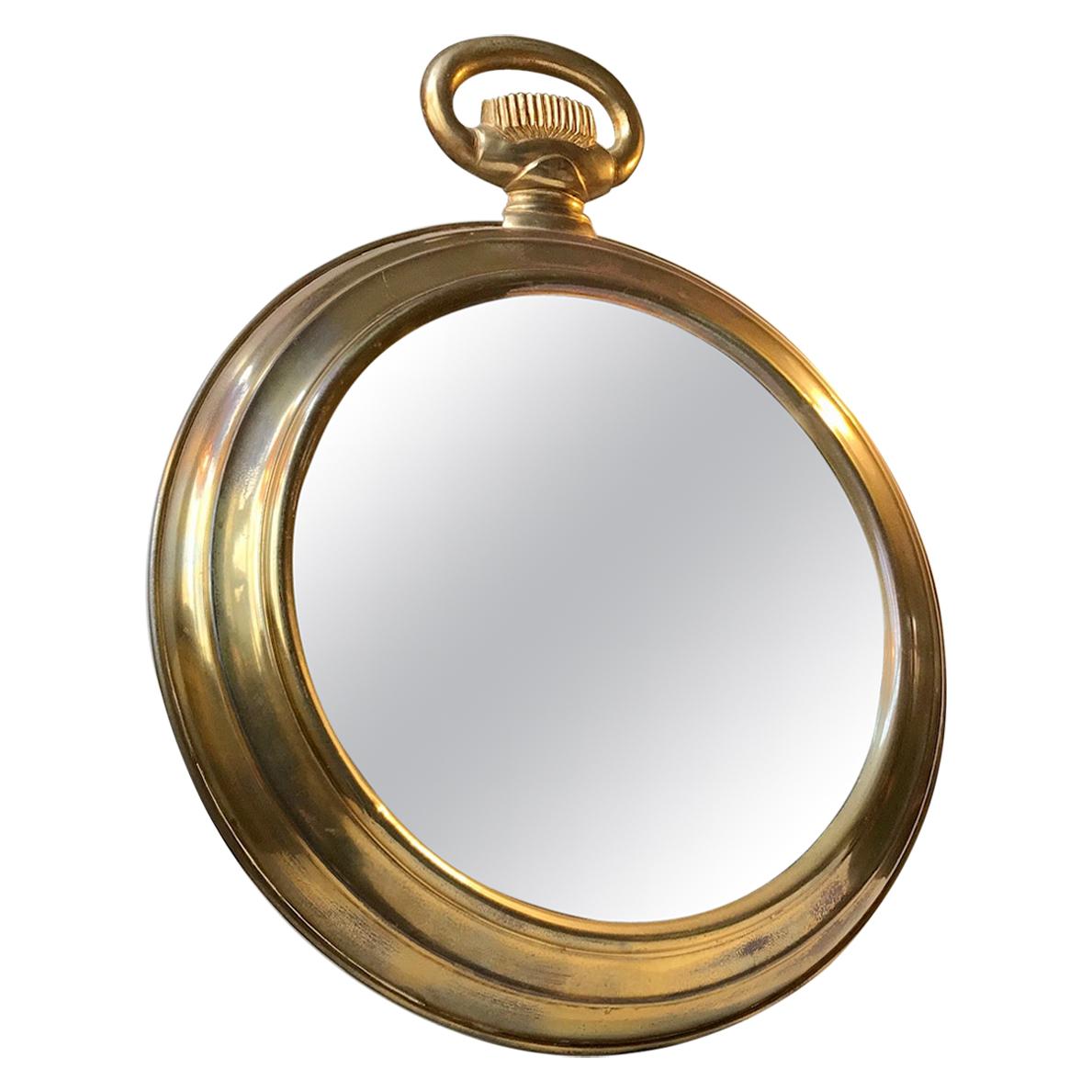 French Pocket Watch Wall Mirror in Brass, 1950s