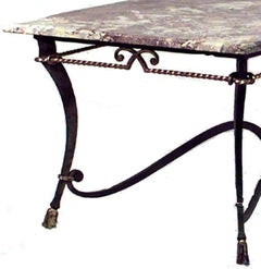 French Poillerat Iron and Gilt Rope Marble Top Center Table