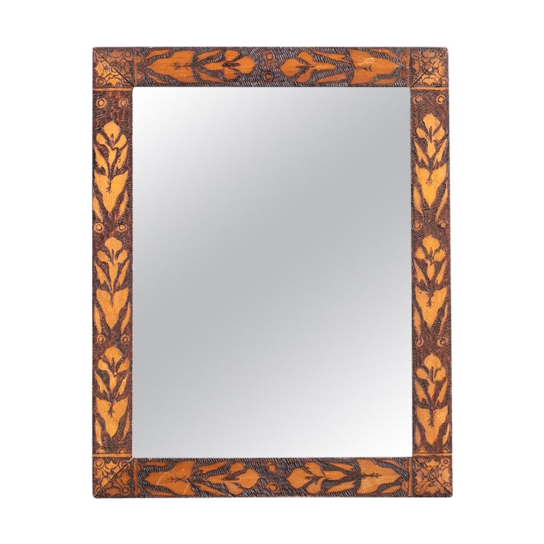 French Pokerwork Mirror, Early 20th Century