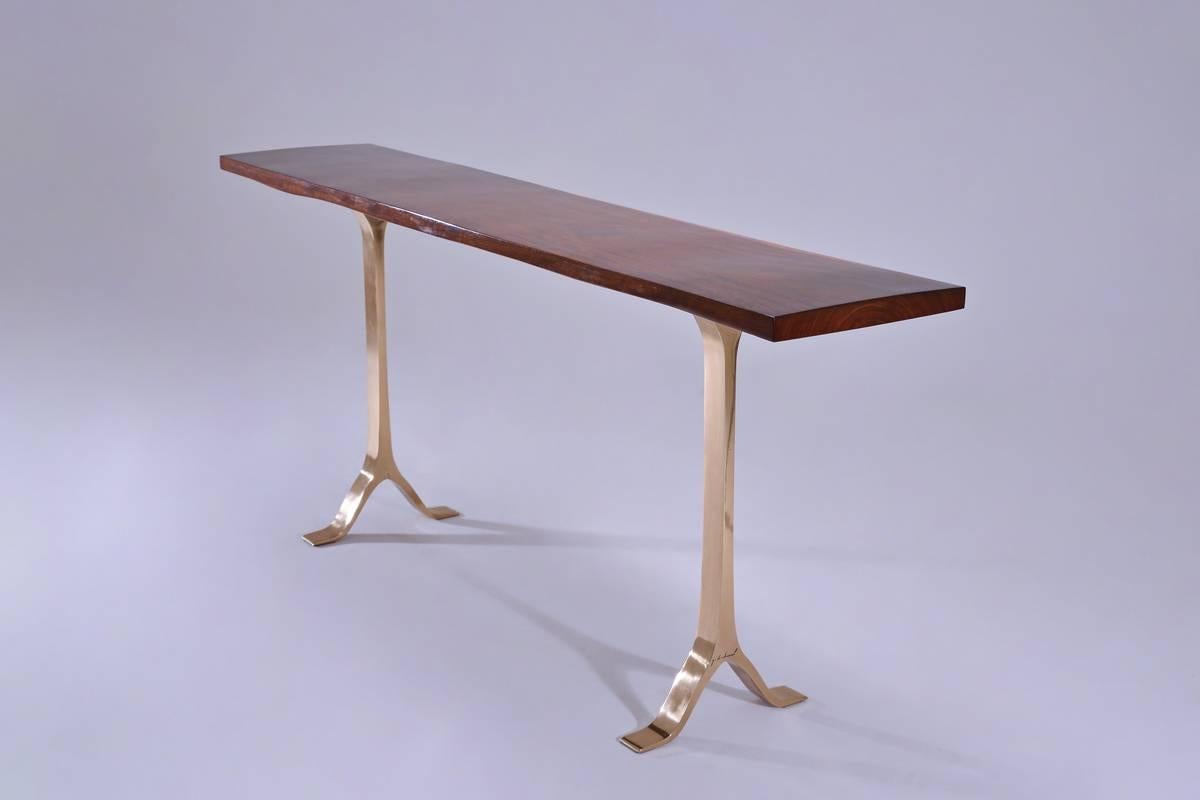 French-Polish Console in Antique Hardwood, Bronze Base by P. Tendercool in Stock For Sale 3