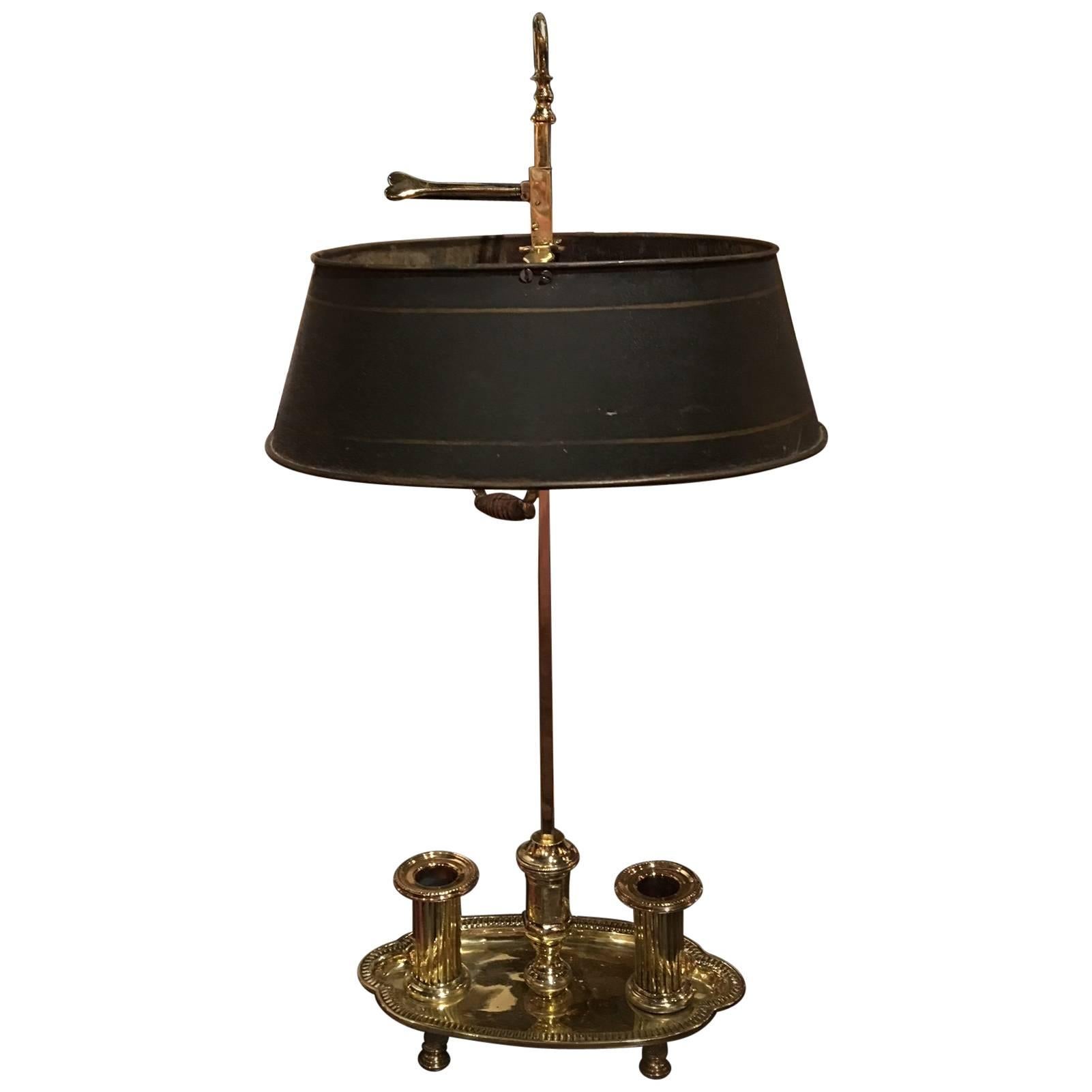 French Polished Brass Bouillotte Lamp with Metal Shade, 19th Century