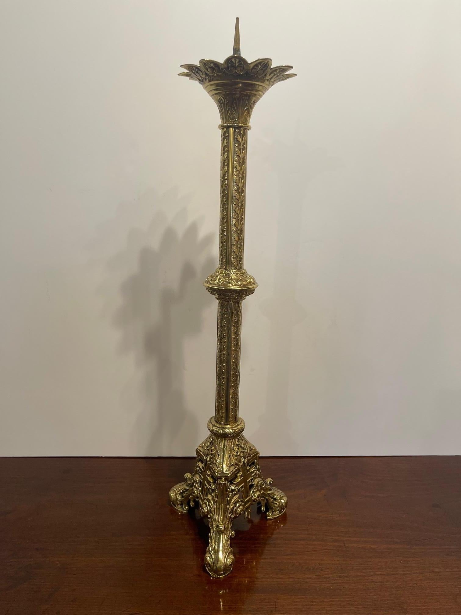 French polished brass decorative pricket or candlestick, 19th century.