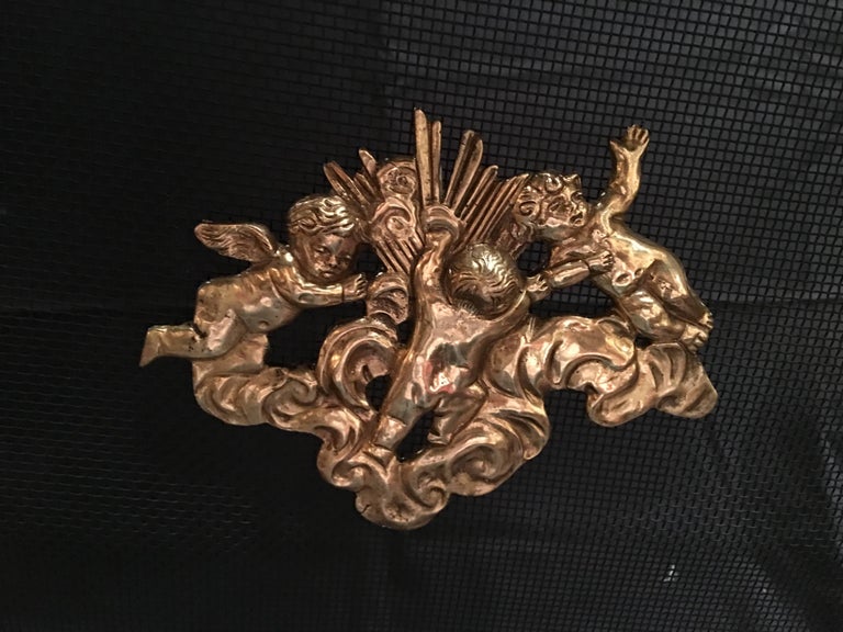 French Polished Brass Fireplace Screen with Decorative Cherubs, 19th