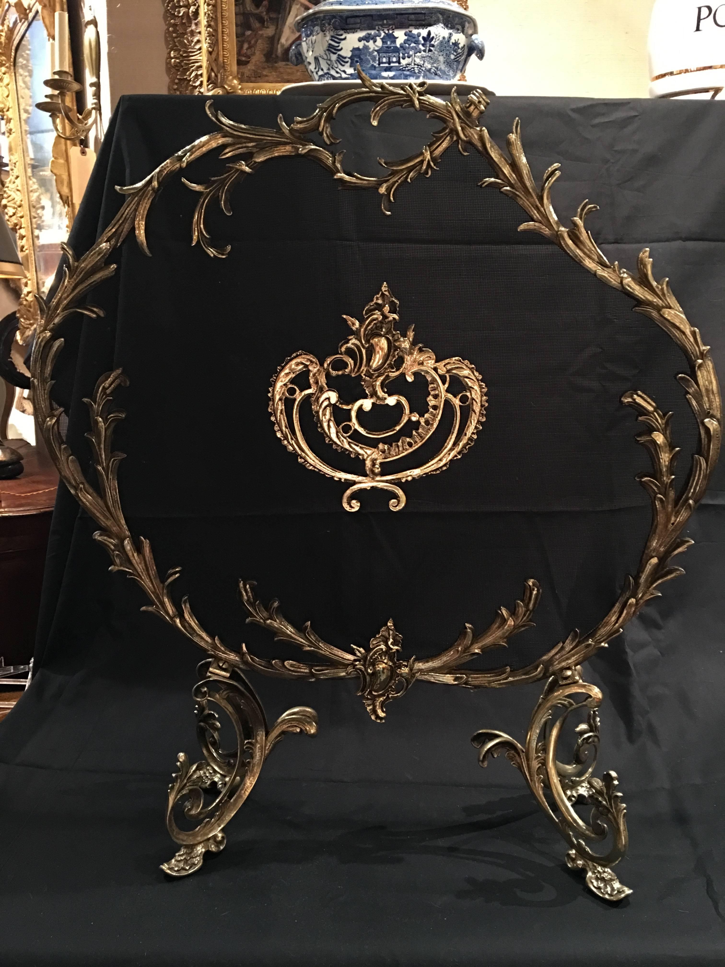 French polished brass fireplace screen with decorative medallion, 19th century.