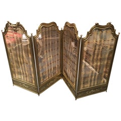 French Polished Brass Four Fold Fire Screen, 19th Century