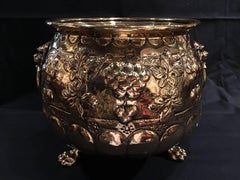 French Polished Brass Jardinière or Container, Lion Ring Handles, 19th Century