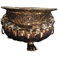 French Polished Brass Jardiniere with Lion Ring Handles, 19th Century