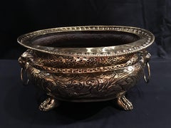 French Polished Brass Lion Head Ring Handle Jardiniere Claw Feet, 19th Century
