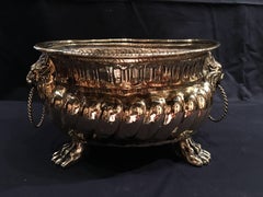 French Polished Brass Lion Head Ring Handle Jardiniere Claw Feet, 19th Century