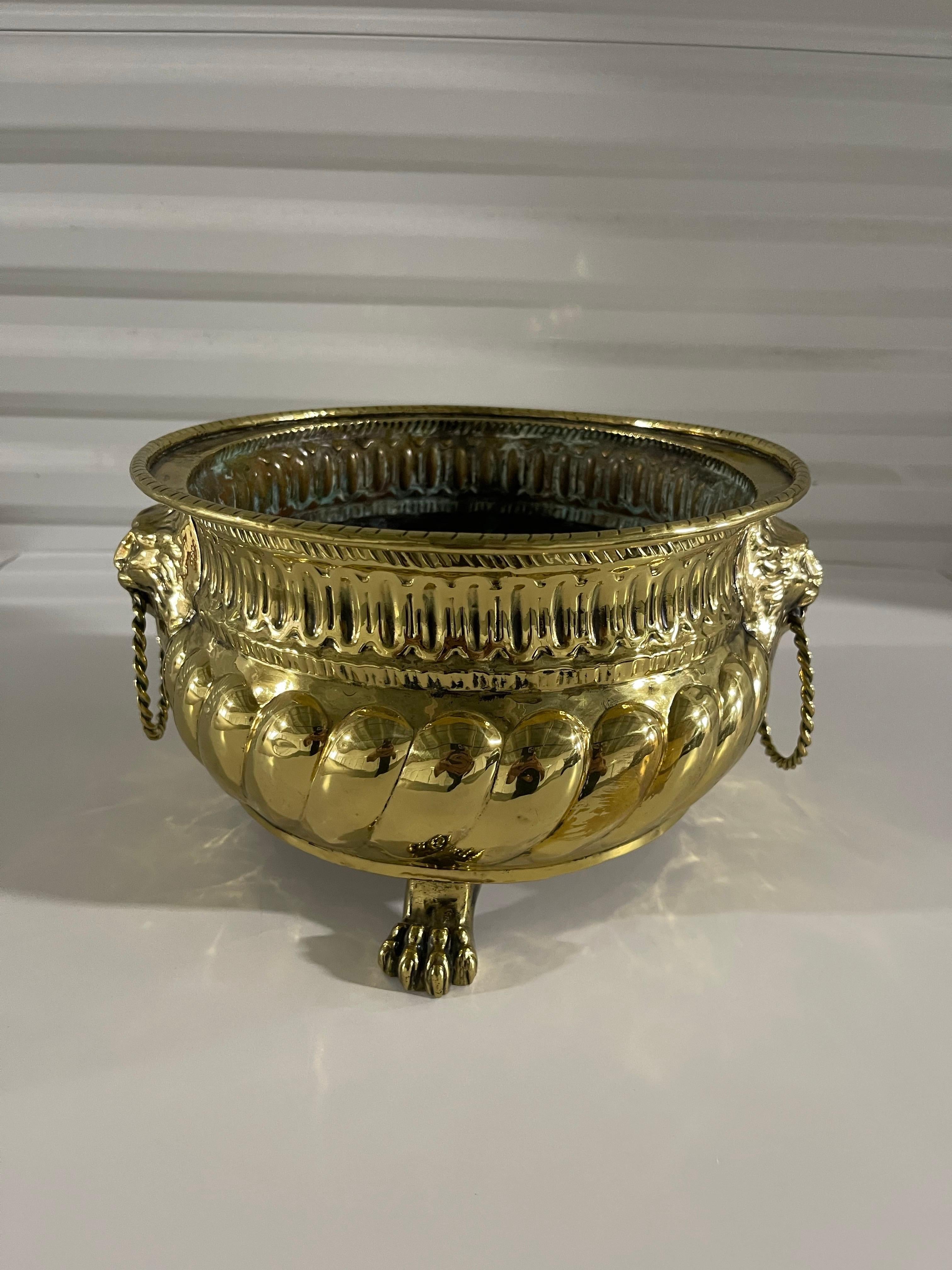 Ottone Giardiniera o fioriera rotonda in ottone lucido francese con manici, XIX secolo in vendita