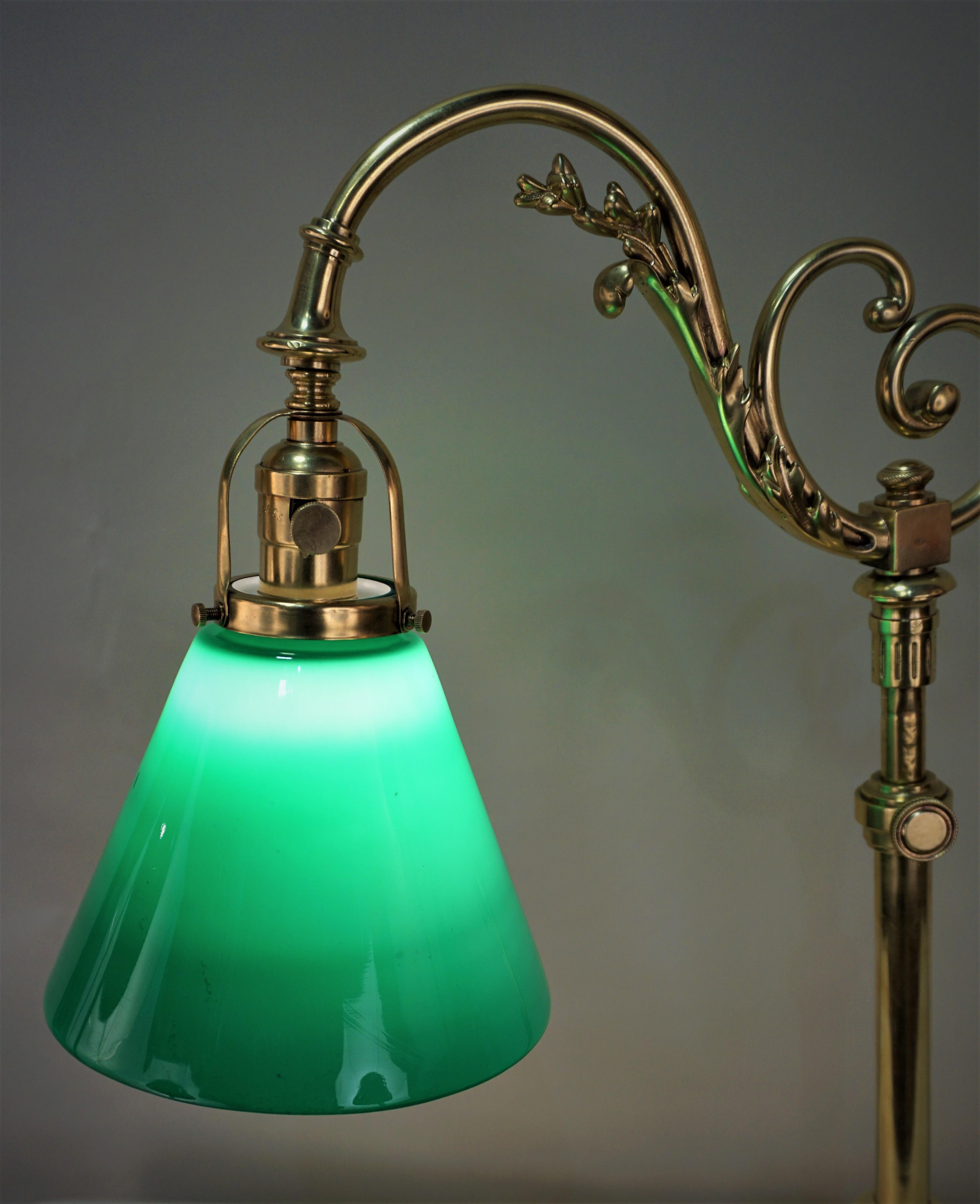 French Polished Bronze Green Glass Shade Table or Desk Lamp 1