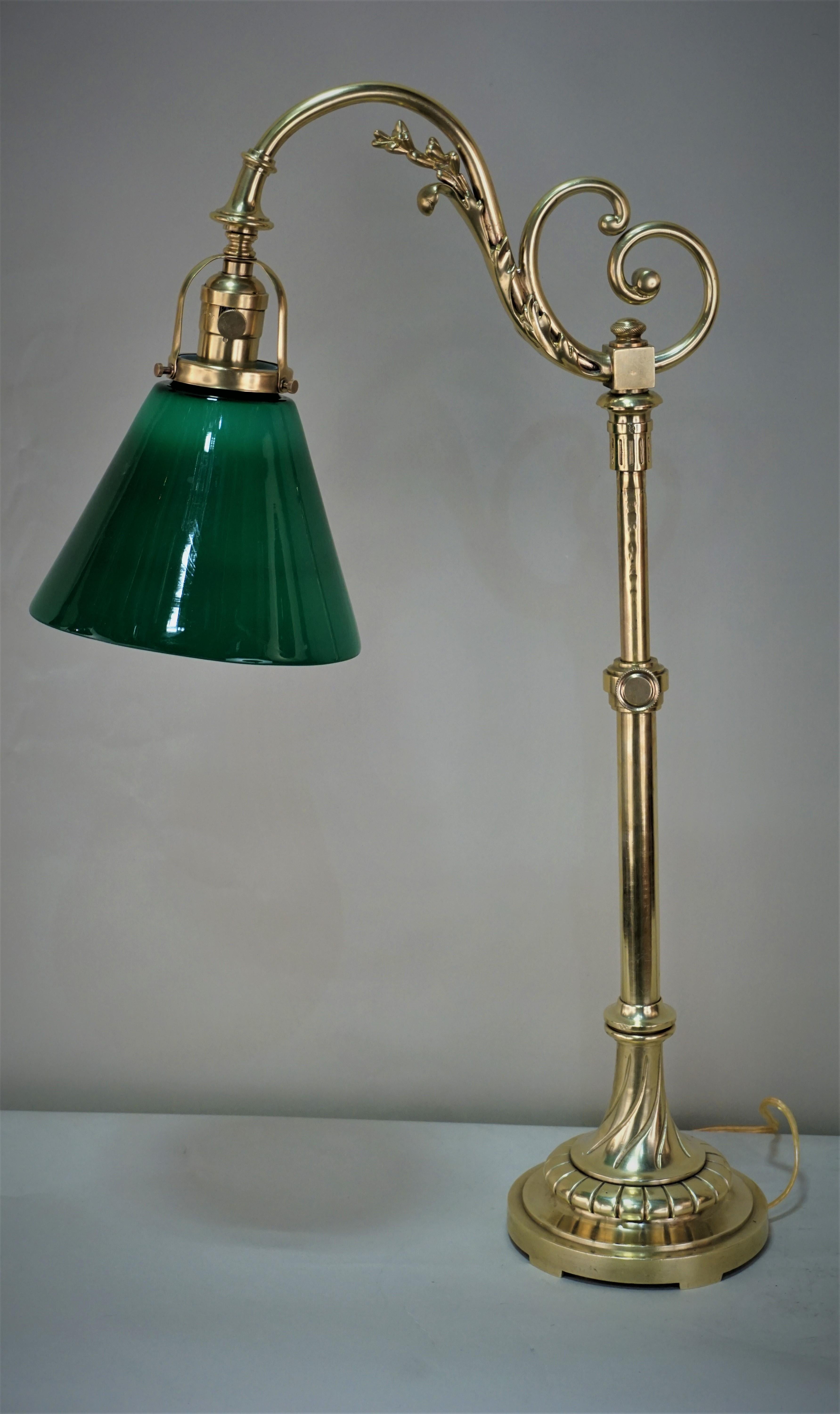 French Polished Bronze Green Glass Shade Table or Desk Lamp 4