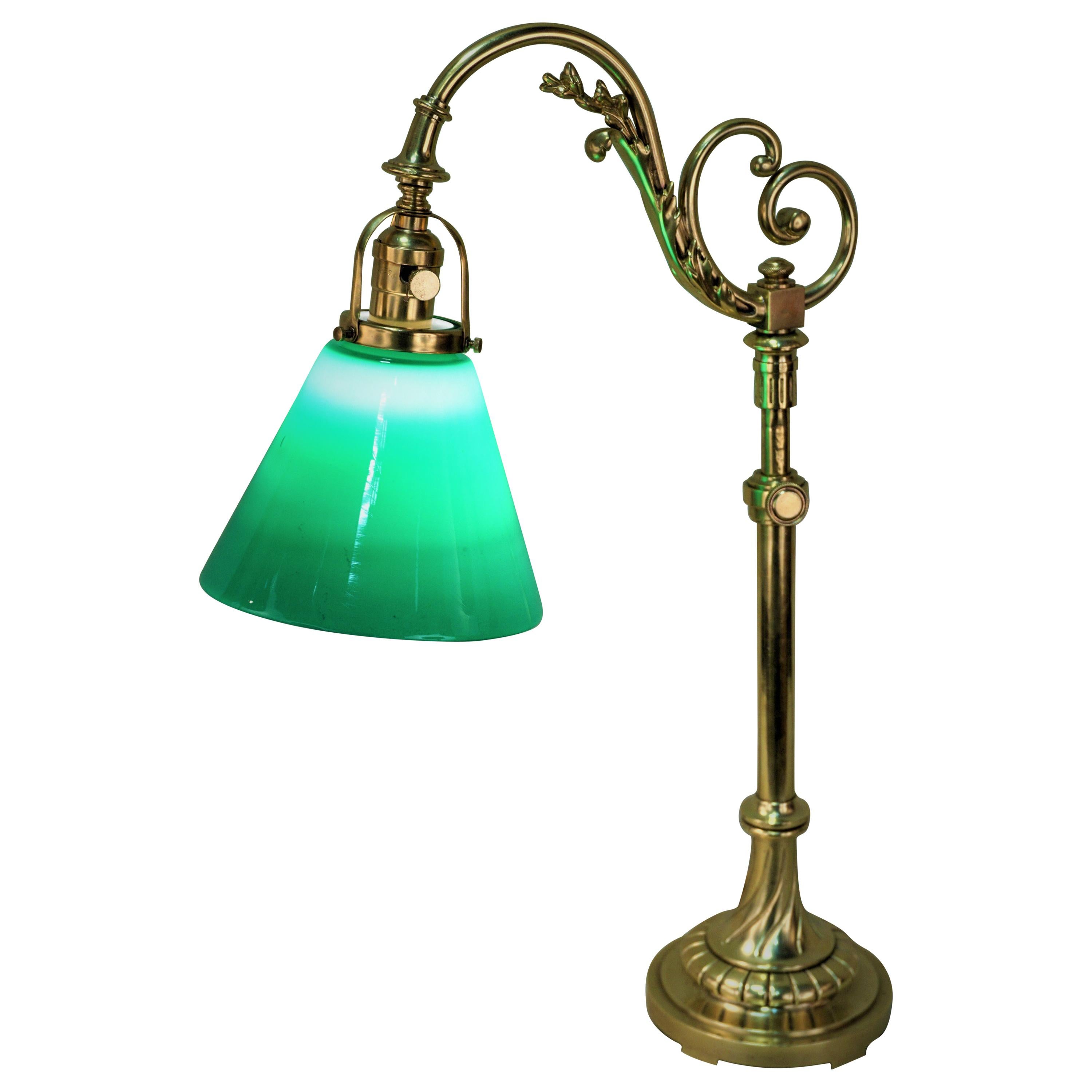 French Polished Bronze Green Glass Shade Table or Desk Lamp