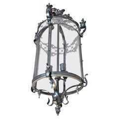 French Polished Chrome Circular Lantern with 4 Center Lights and Glass Sides
