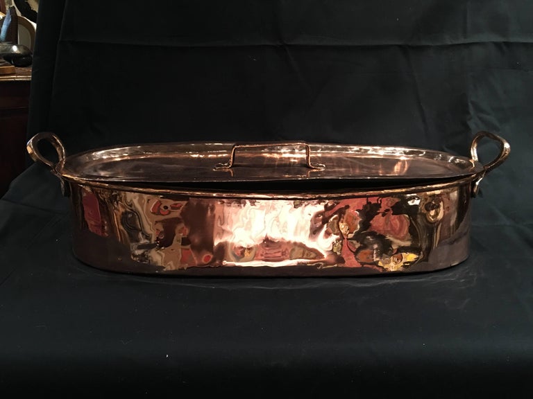 French Polished Copper Fish Kettle with Lid, 19th Century For Sale at