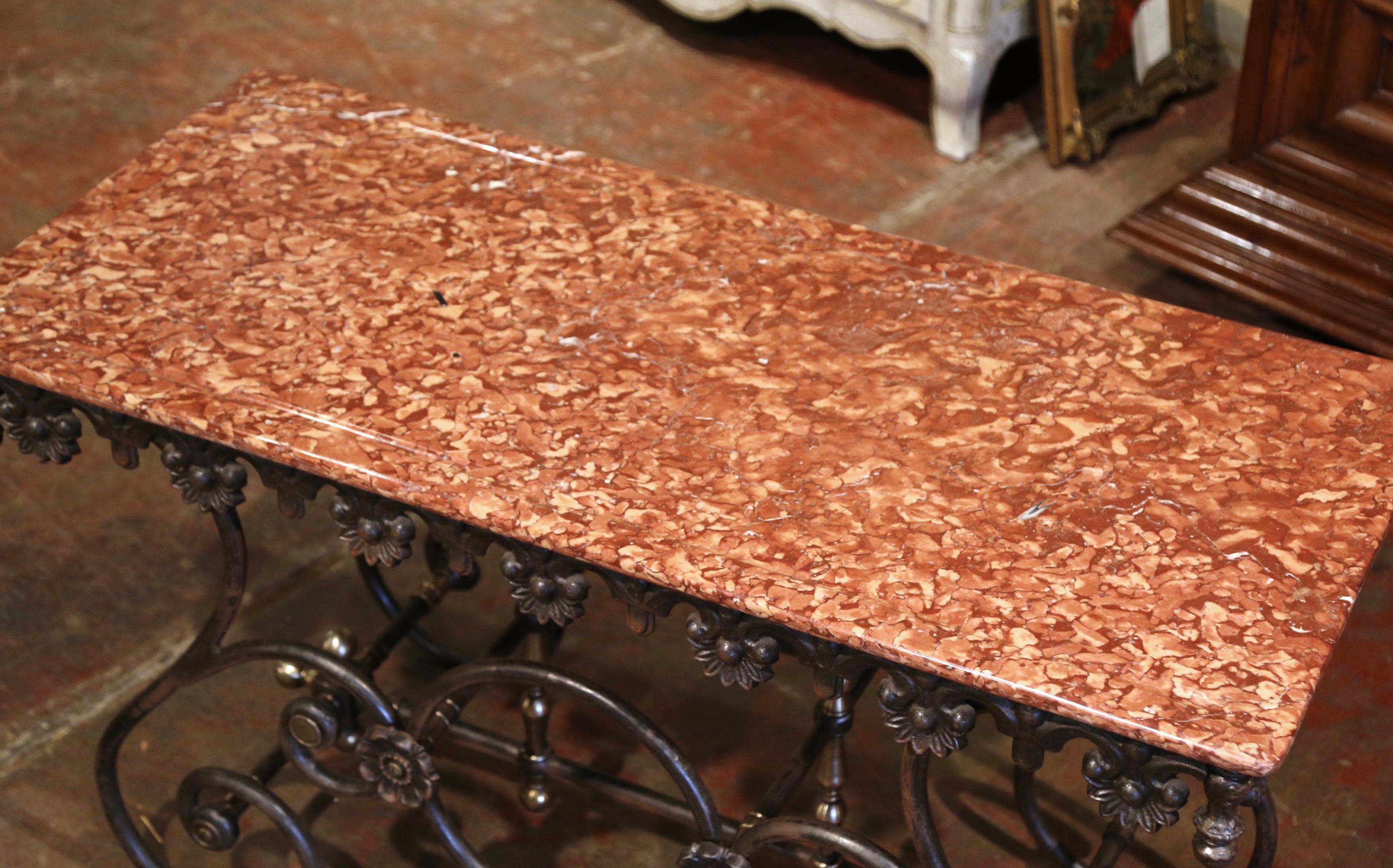 Hand-Crafted French Polished Iron and Brass Pastry Table with Variegated Red Marble Top