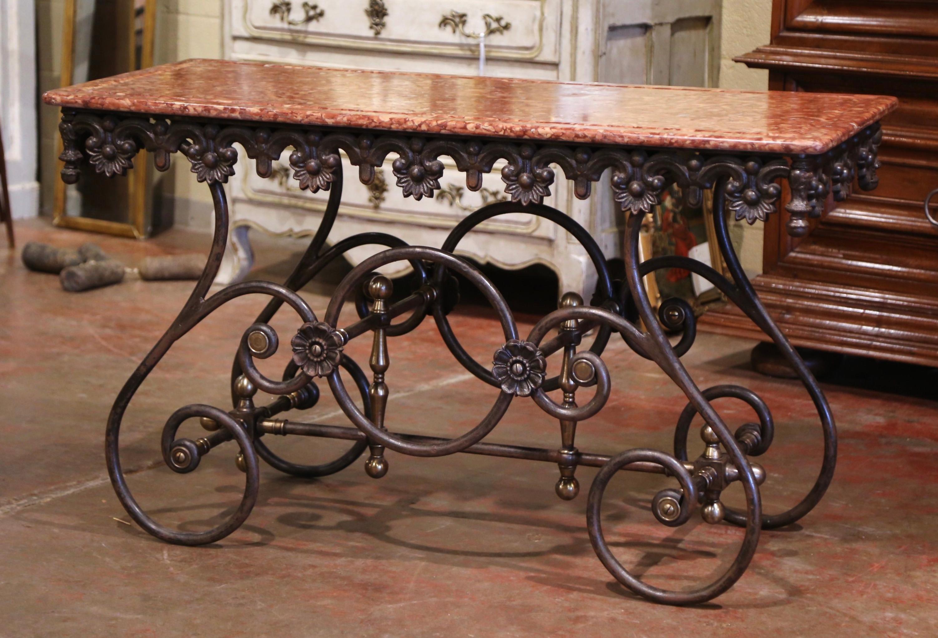 French Polished Iron and Brass Pastry Table with Variegated Red Marble Top In Excellent Condition In Dallas, TX