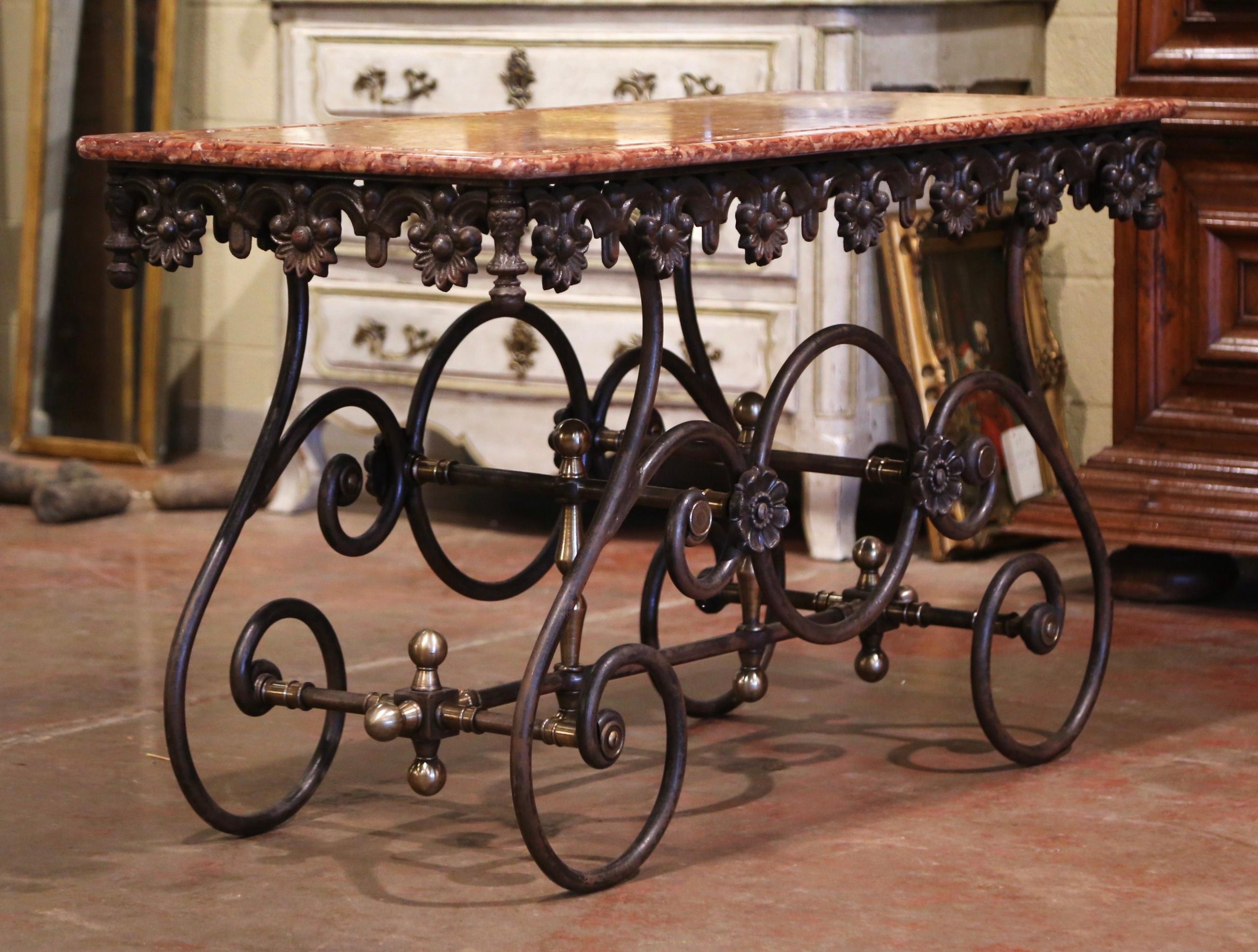 Contemporary French Polished Iron and Brass Pastry Table with Variegated Red Marble Top