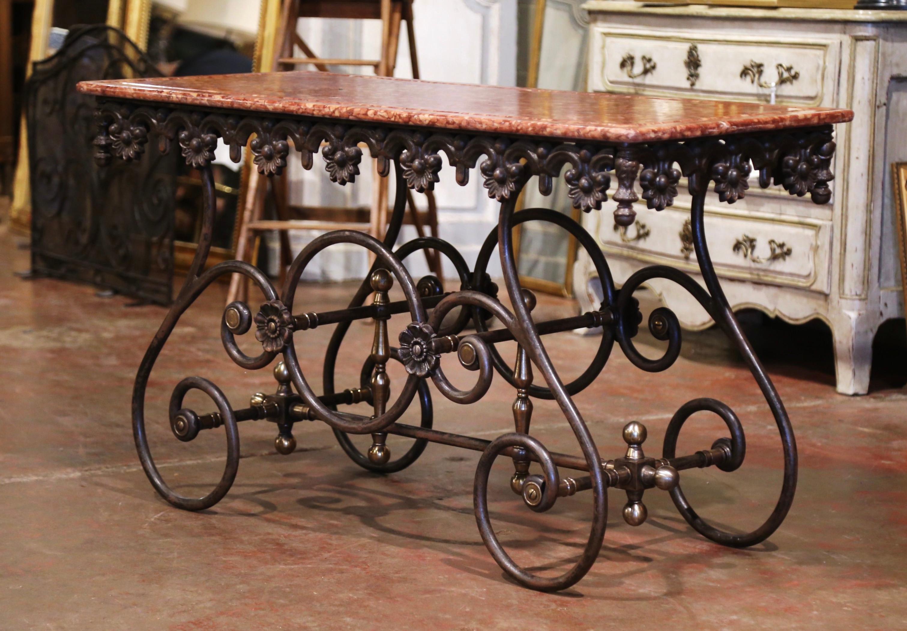 French Polished Iron and Brass Pastry Table with Variegated Red Marble Top 1