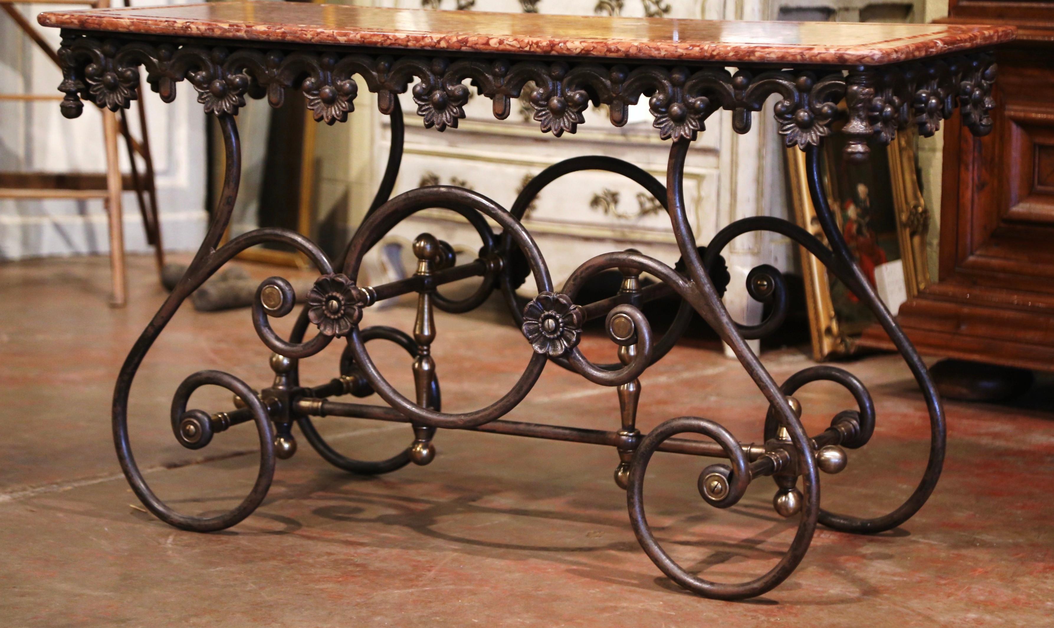 French Polished Iron and Brass Pastry Table with Variegated Red Marble Top 2