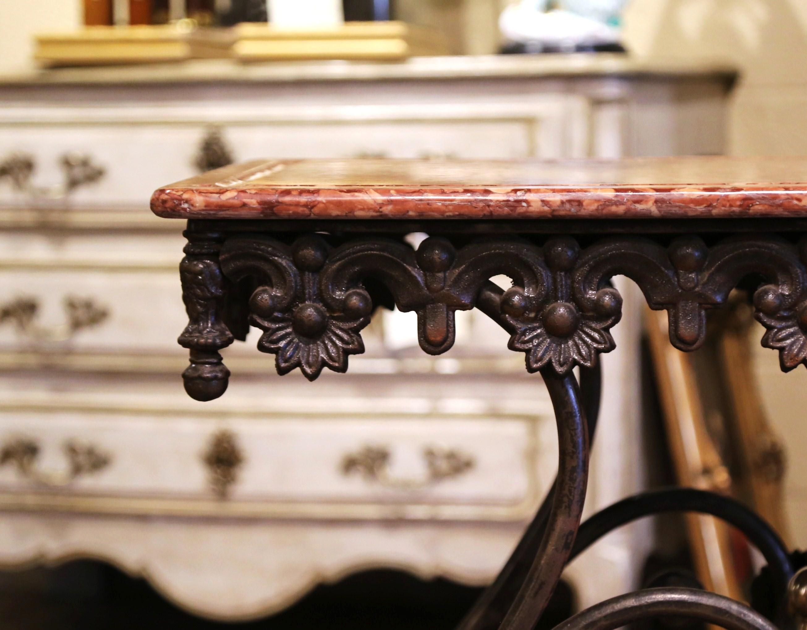 French Polished Iron and Brass Pastry Table with Variegated Red Marble Top 3