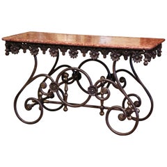 French Polished Iron and Brass Pastry Table with Variegated Red Marble Top