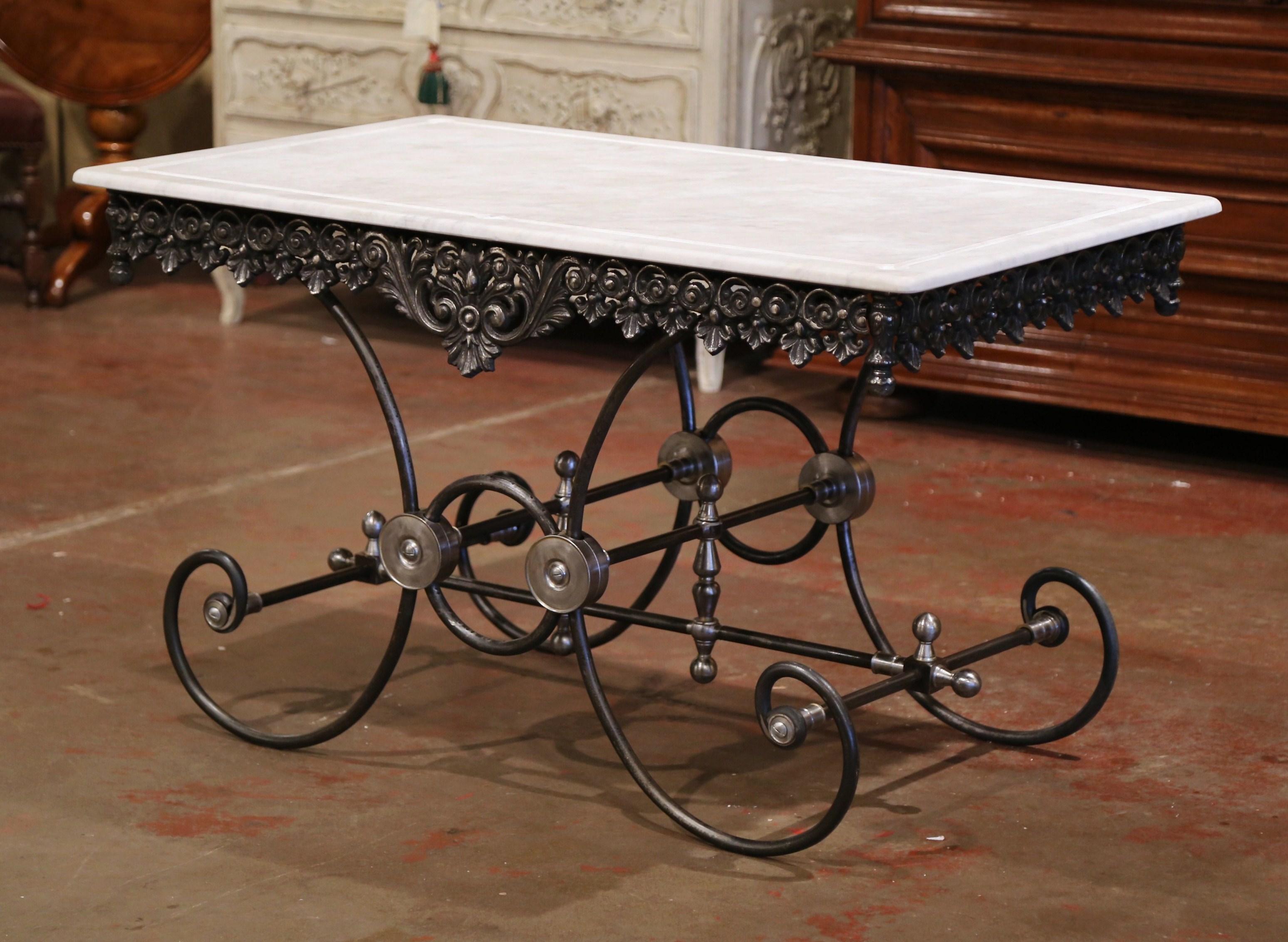 Hand-Crafted French Polished Iron Butcher or Pastry Table with White Marble Top