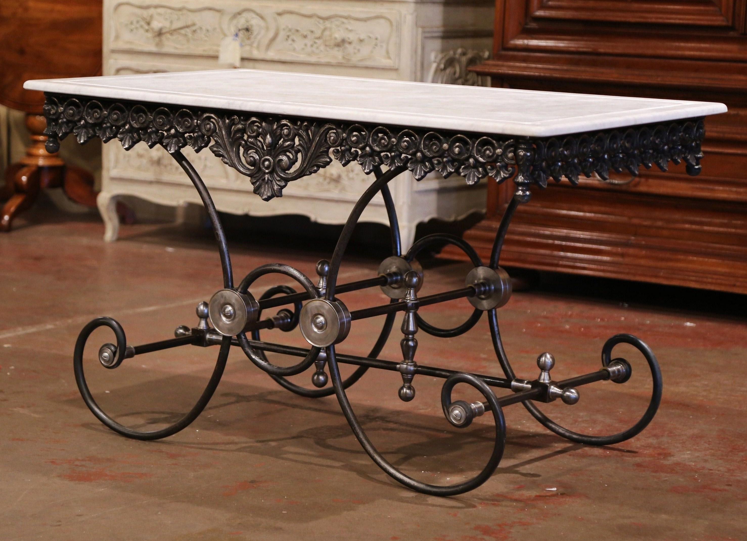 Contemporary French Polished Iron Butcher or Pastry Table with White Marble Top