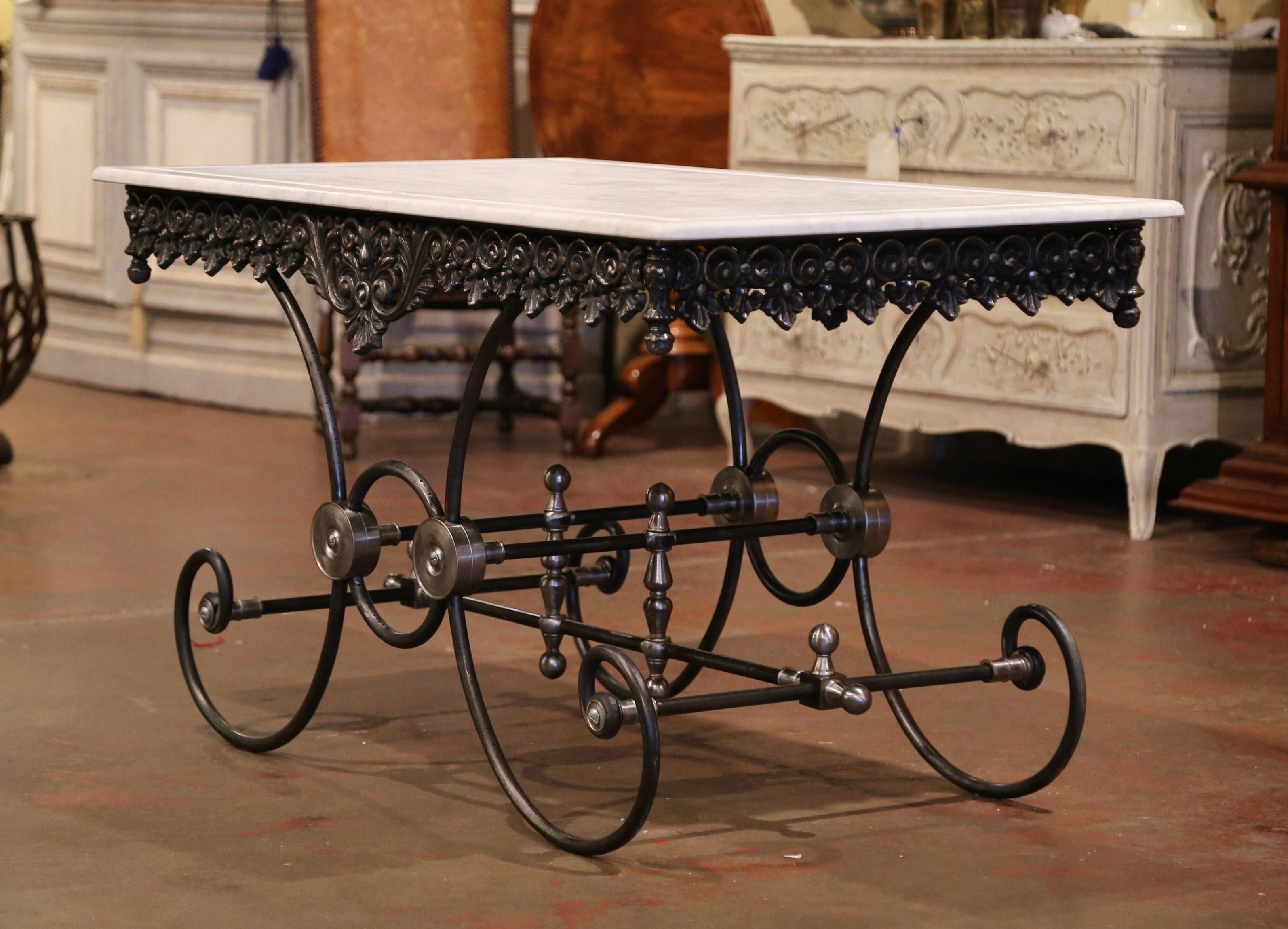 French Polished Iron Butcher or Pastry Table with White Marble Top 3