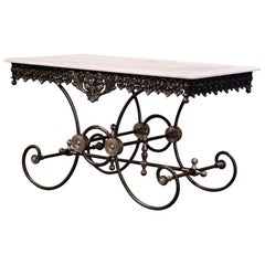 French Polished Iron Butcher or Pastry Table with White Marble Top